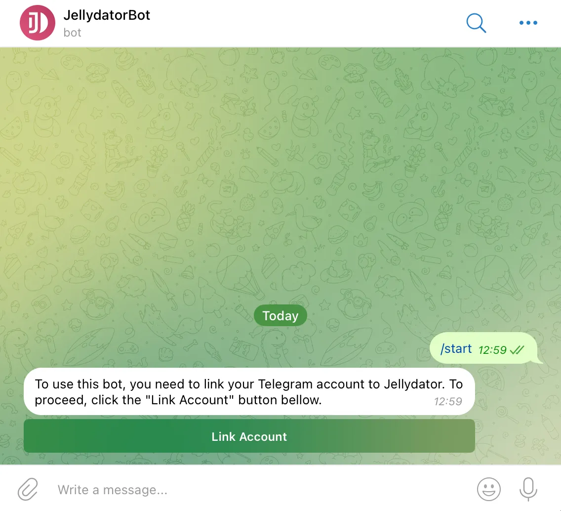 An image of the Telegram chat with the official Jellydator bot.