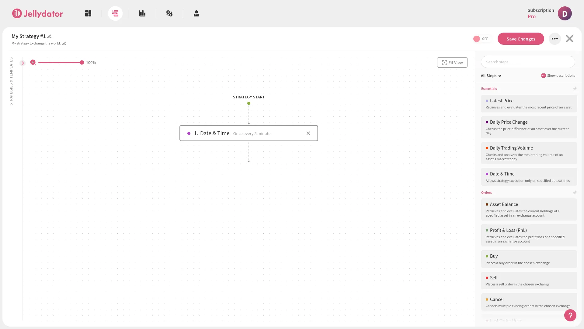 An image of the Jellydator editor showing Date & Time step as the first step of the strategy.