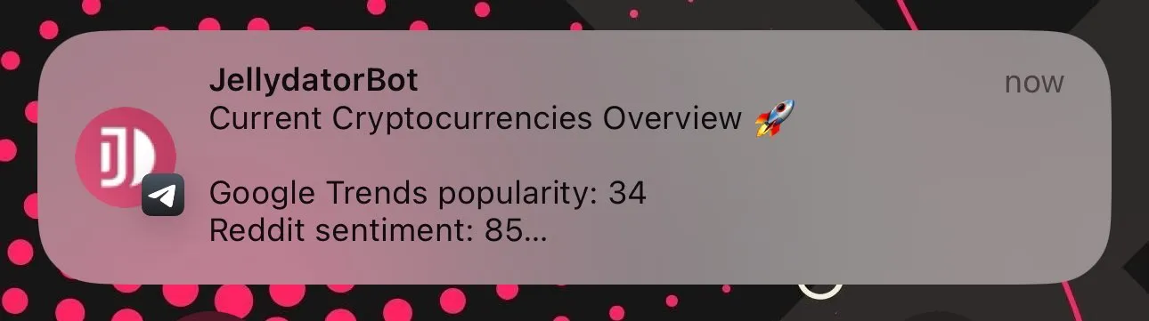 Notification from JellydatorBot showing cryptocurrency overview with Google Trends and Reddit sentiment scores.