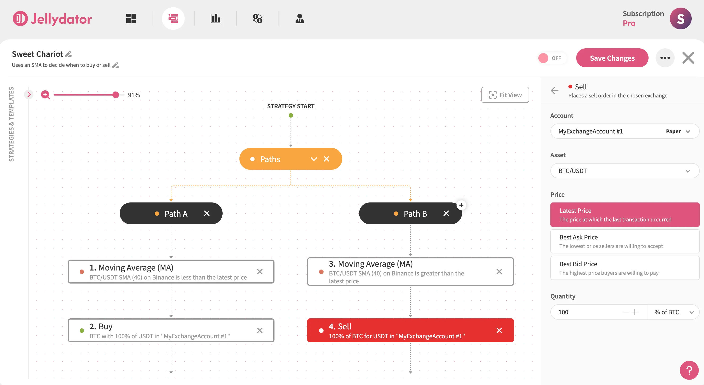 The Jellydator editor with a sell step in Path B.
