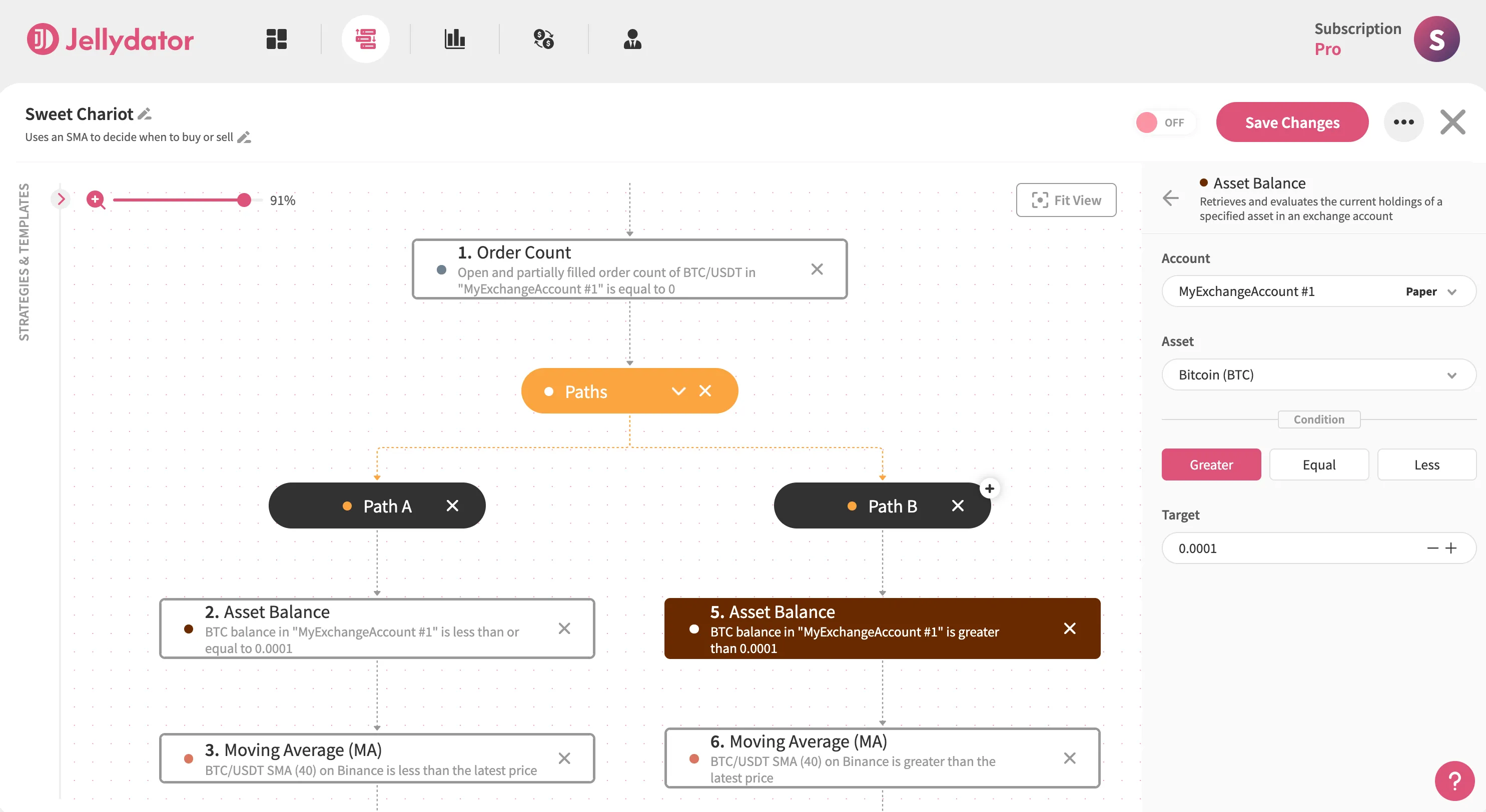 The Jellydator editor with an asset balance step in Path B.