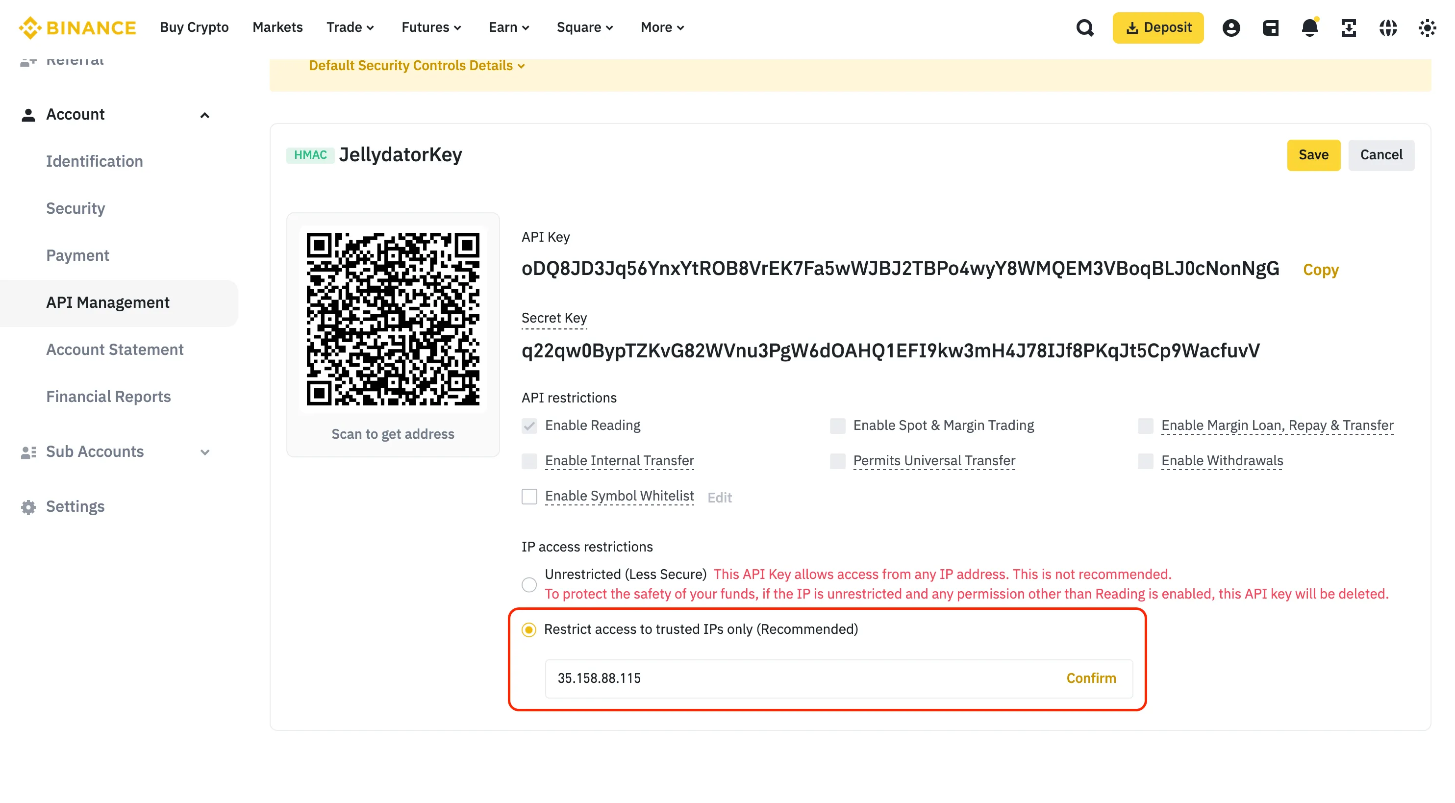 An image of the Binance website with new API trusted IPs highlighted.
