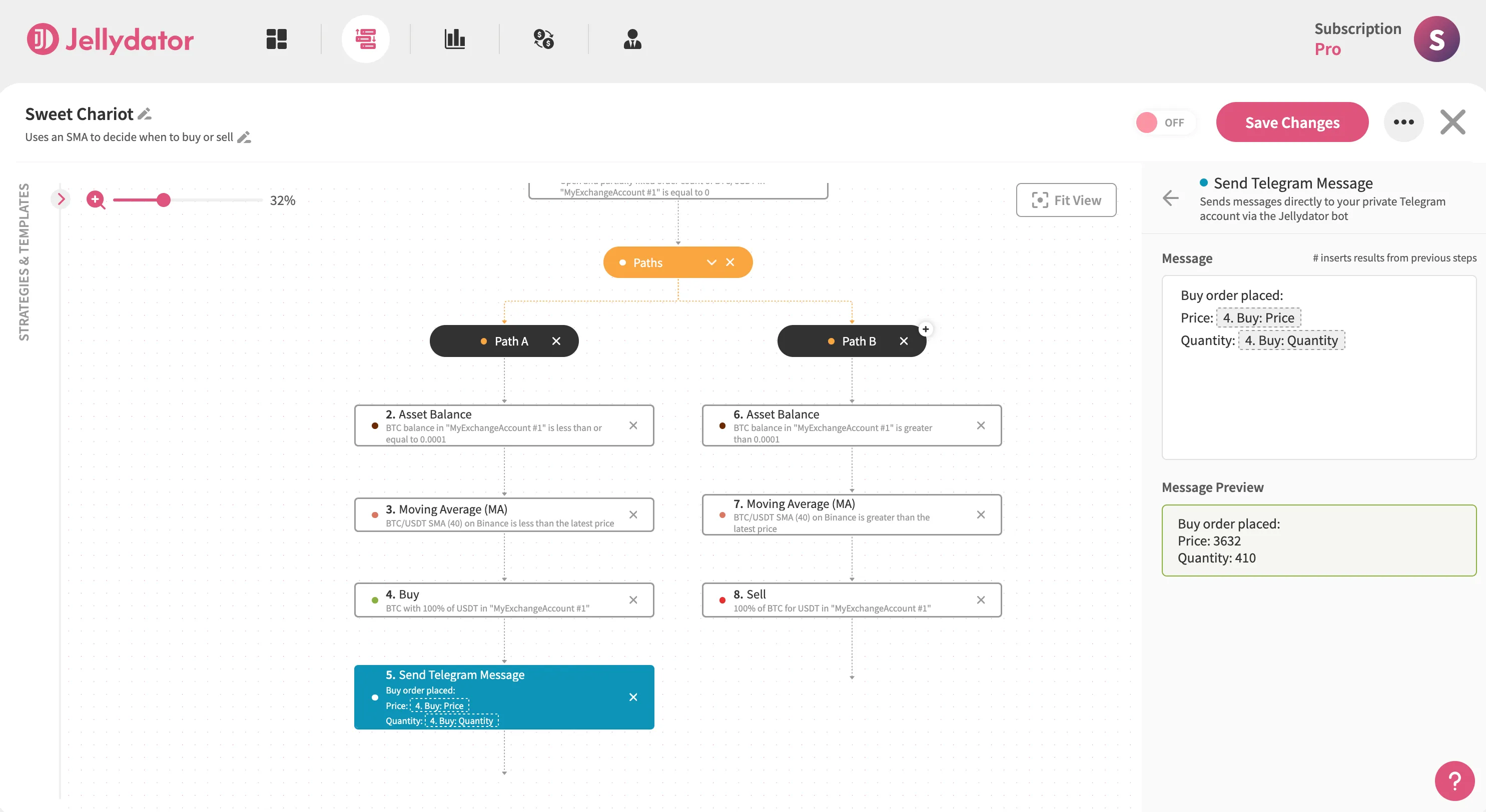 The Jellydator editor with a 'send telegram message' step in Path A.