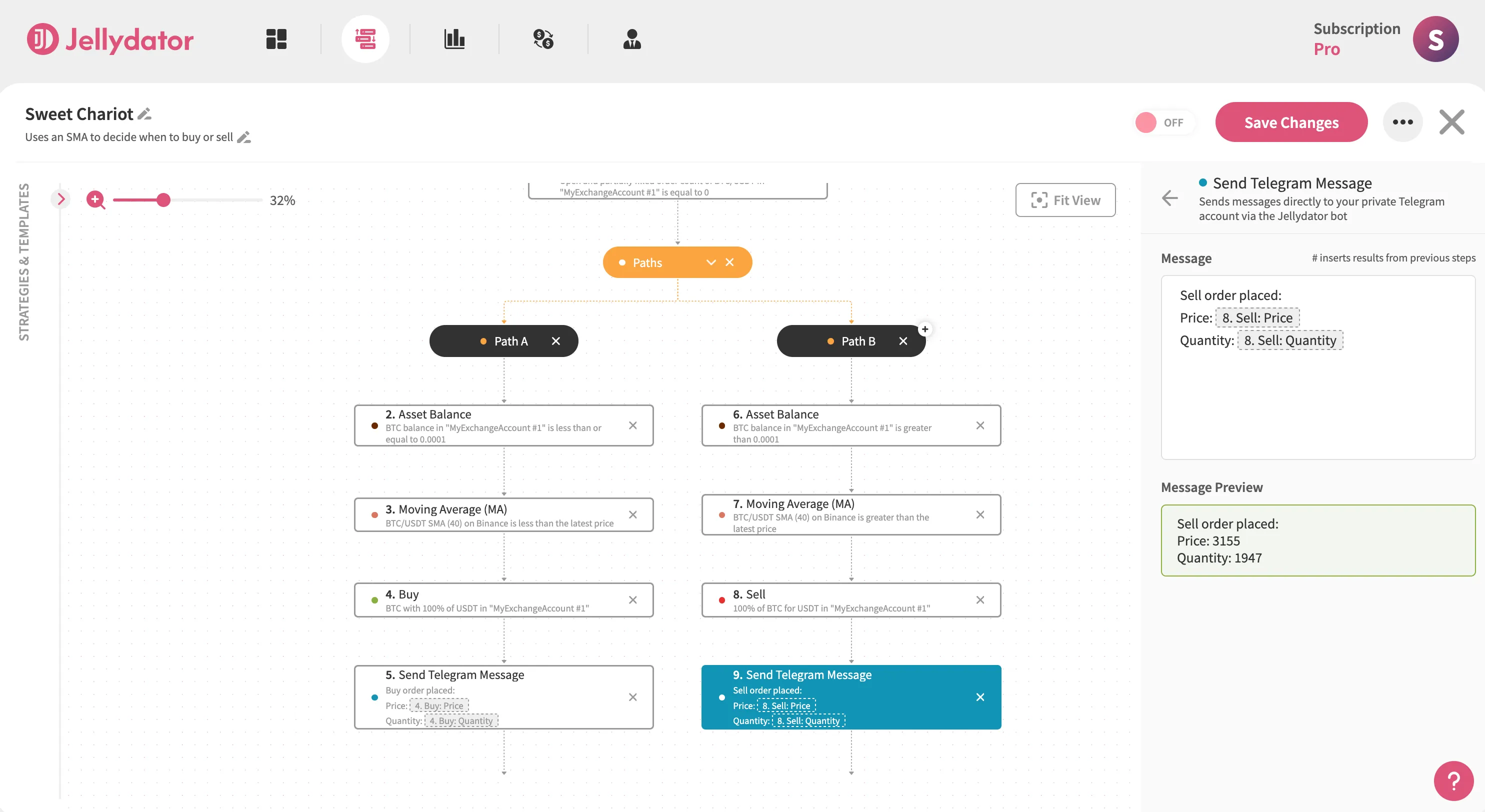 The Jellydator editor with a 'send telegram message' step in Path B.
