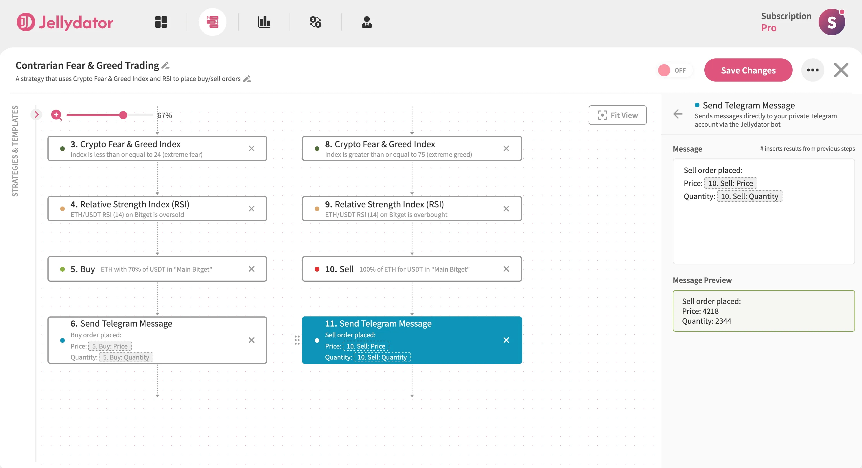 The Jellydator editor with a Send Telegram Message step in Path B.