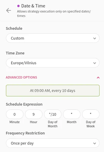 An image of the Jellydator editor Date & Time step configuration using custom schedule, 0 9 */10 * * schedule expression and a frequency of once per day.
