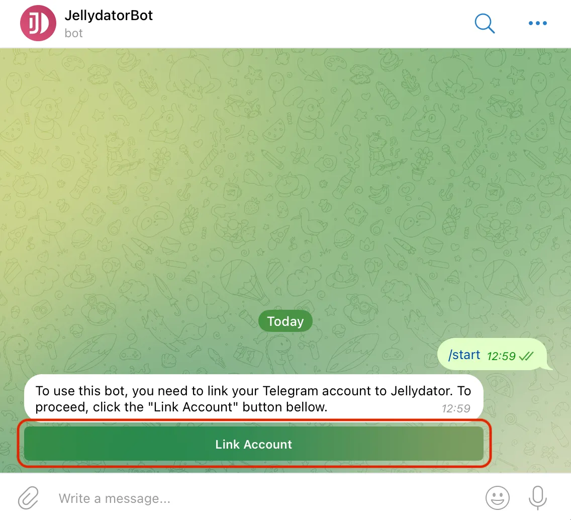 An image of the Telegram chat with the official Jellydator bot and a highlighted Link Account button.