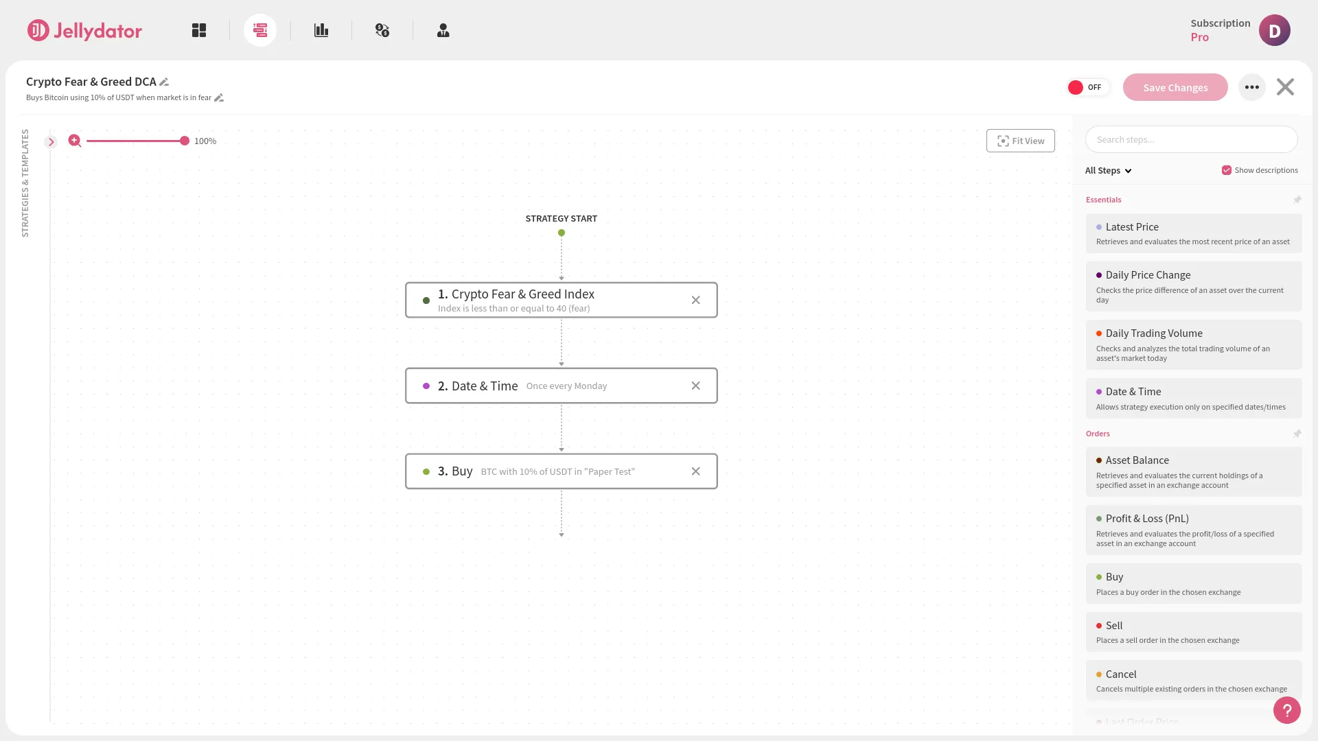 An image of the Jellydator editor with complete Crypto Fear & Greed DCA strategy.