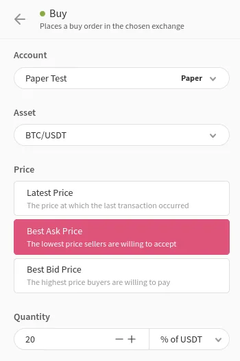 An image of the Jellydator editor Buy step configuration using paper trading account, BTC/USDT asset and a buy quantity of 20% of USDT.