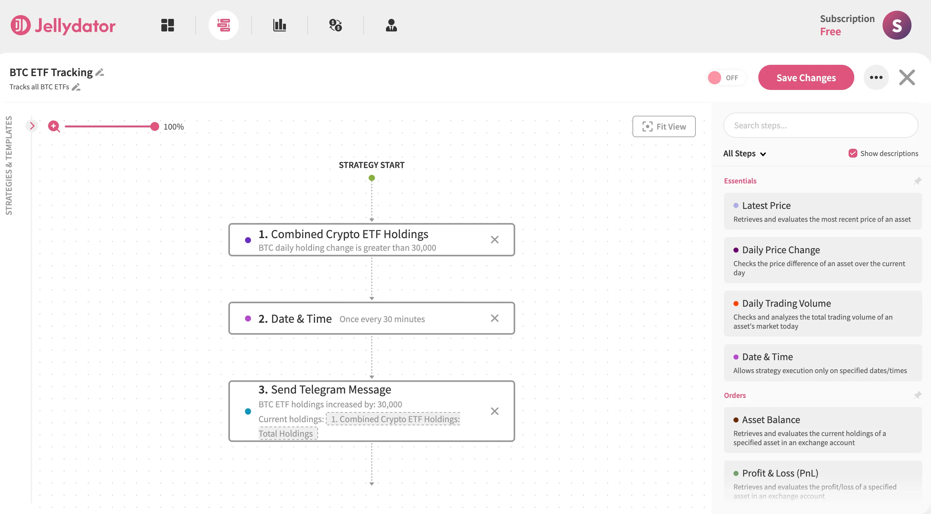 An image of the Jellydator editor showing an ETF tracking strategy.