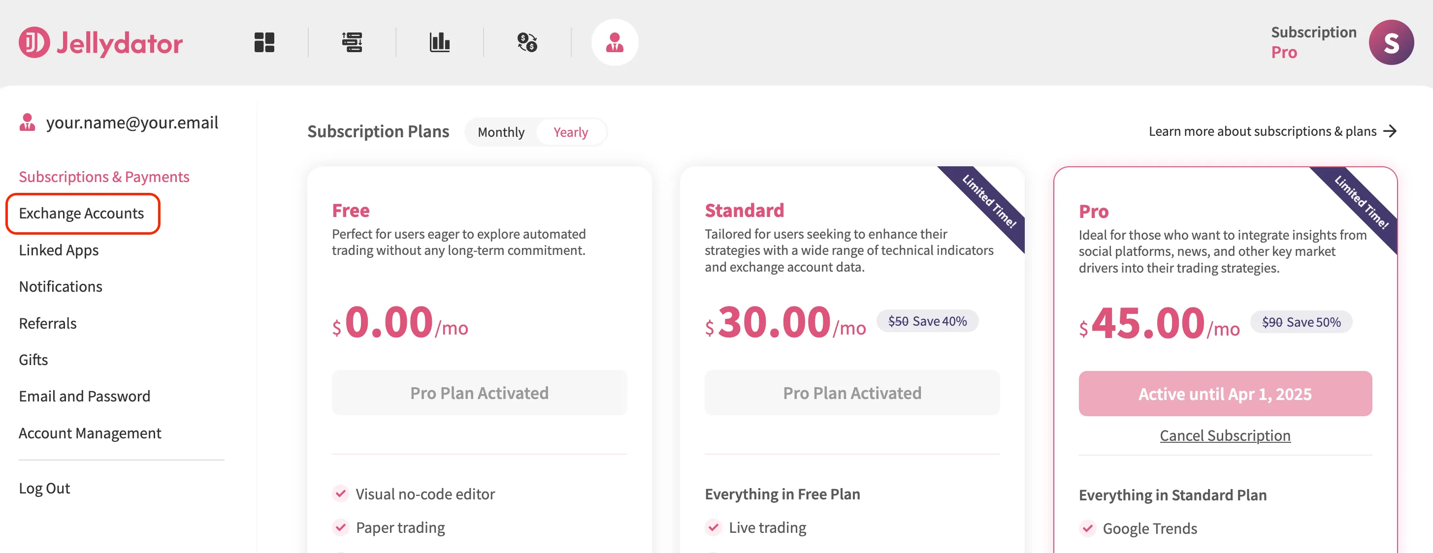 An image of the Jellydator account page with the highlighted exchange account sub-page button.