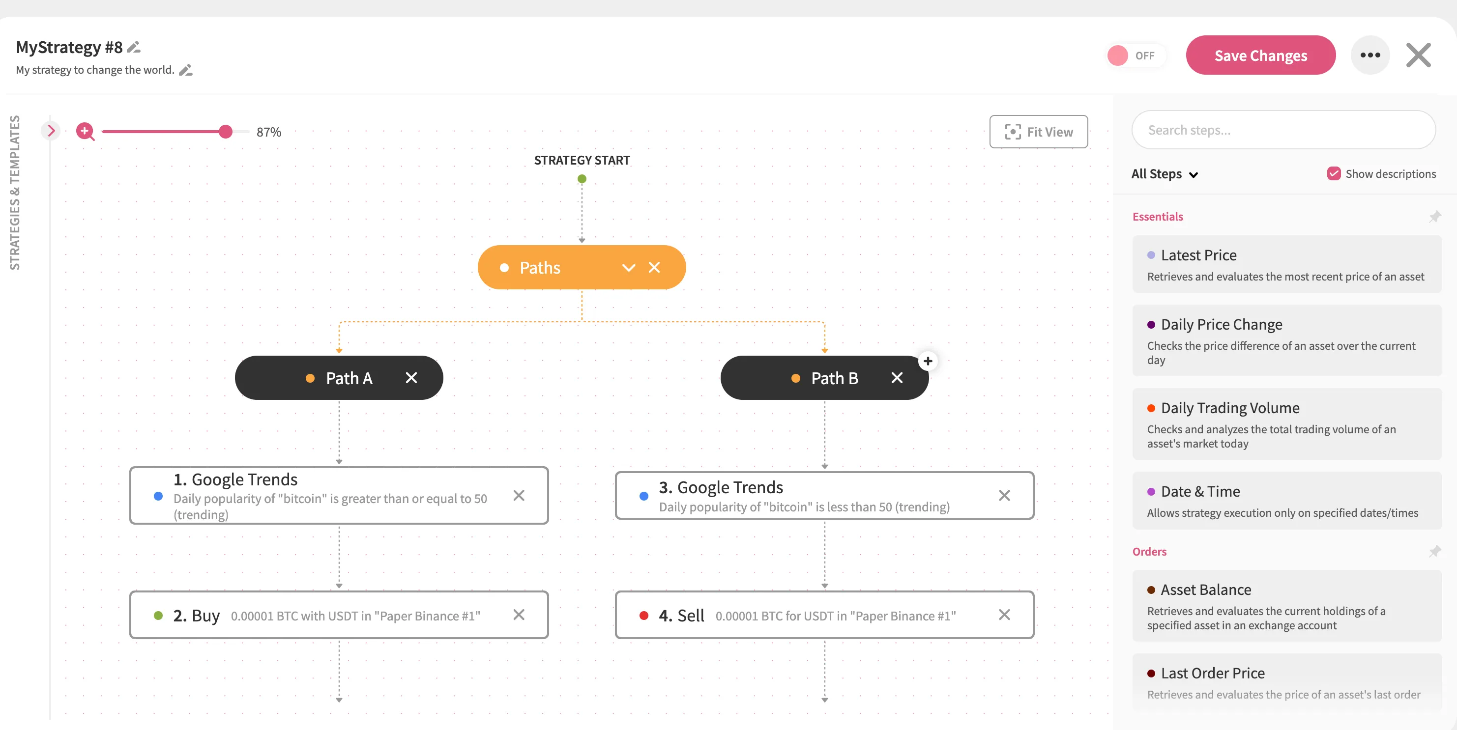 An image of the Jellydator editor with two execution branches created by the Paths step.