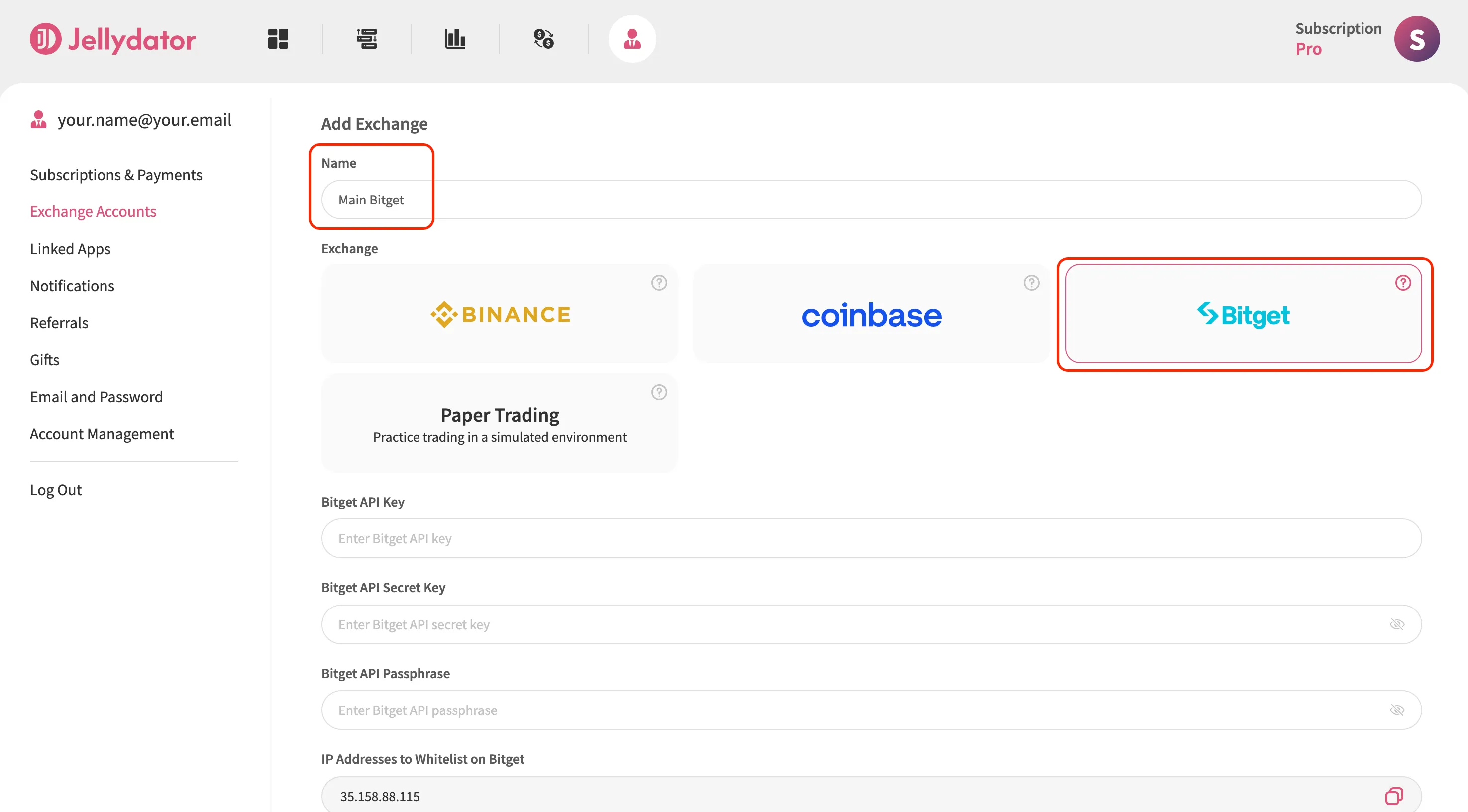 An image of the Jellydator platform with the exchange name and type highlighted.