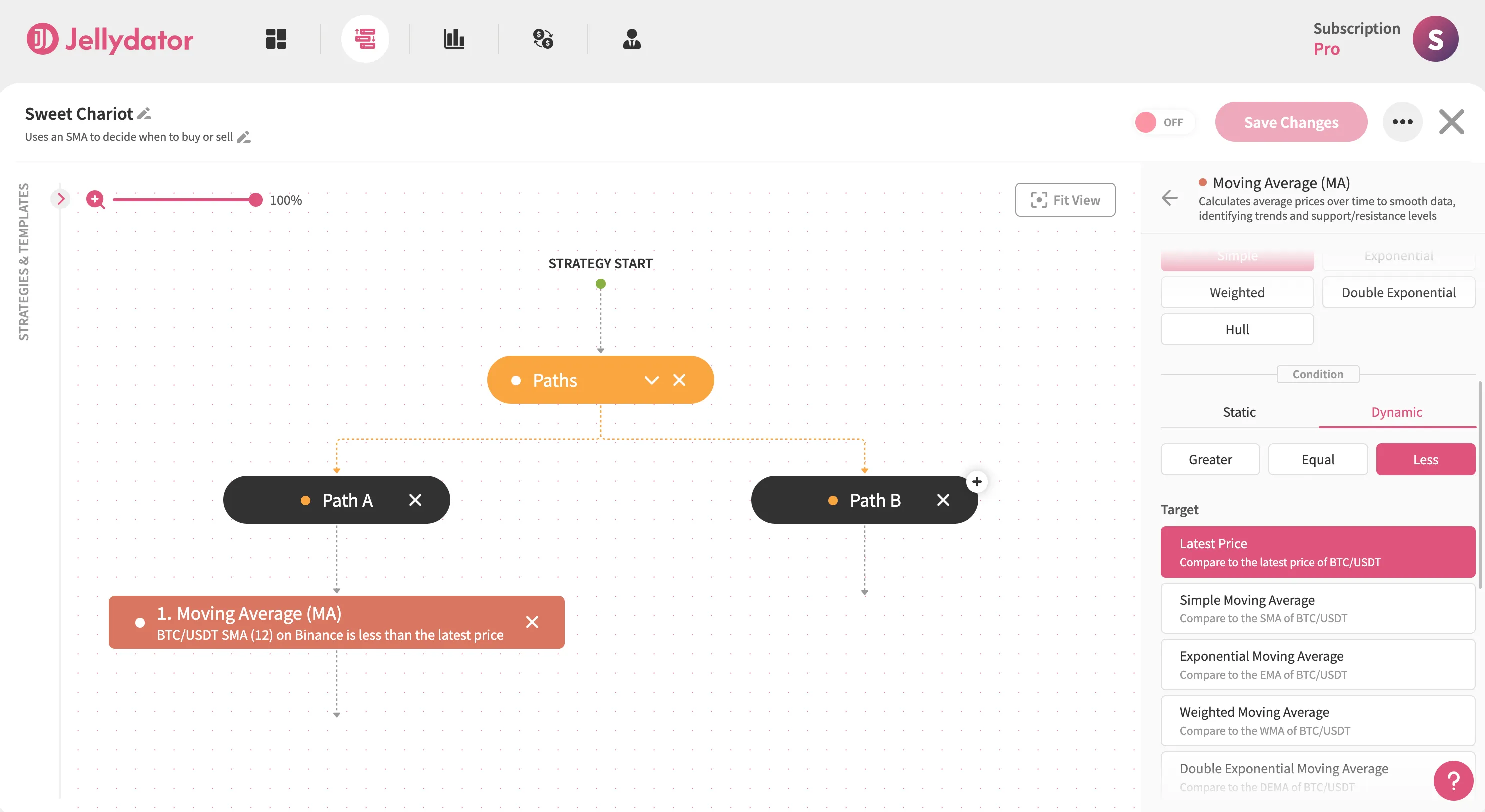 The Jellydator editor with the condition section of an SMA step in Path A.