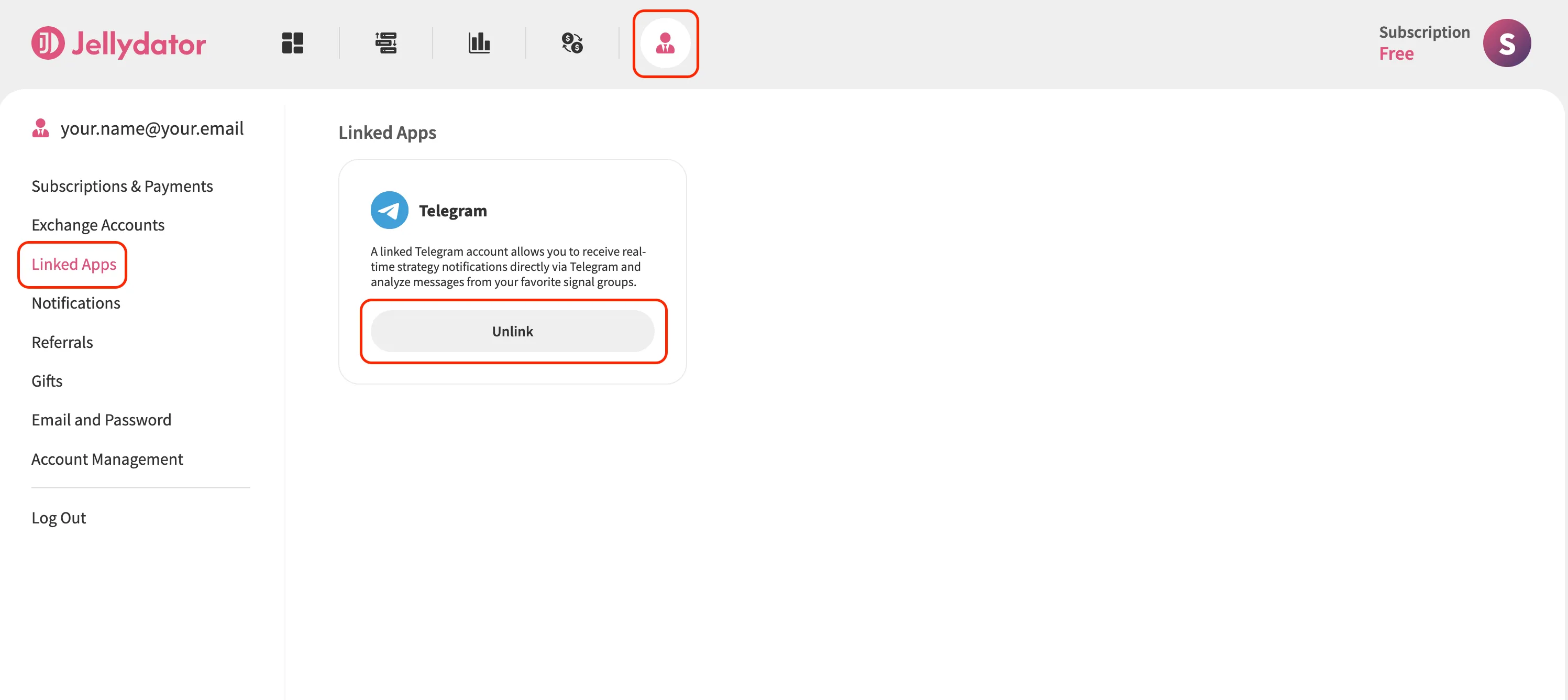 An image of the Jellydator Linked Apps page.