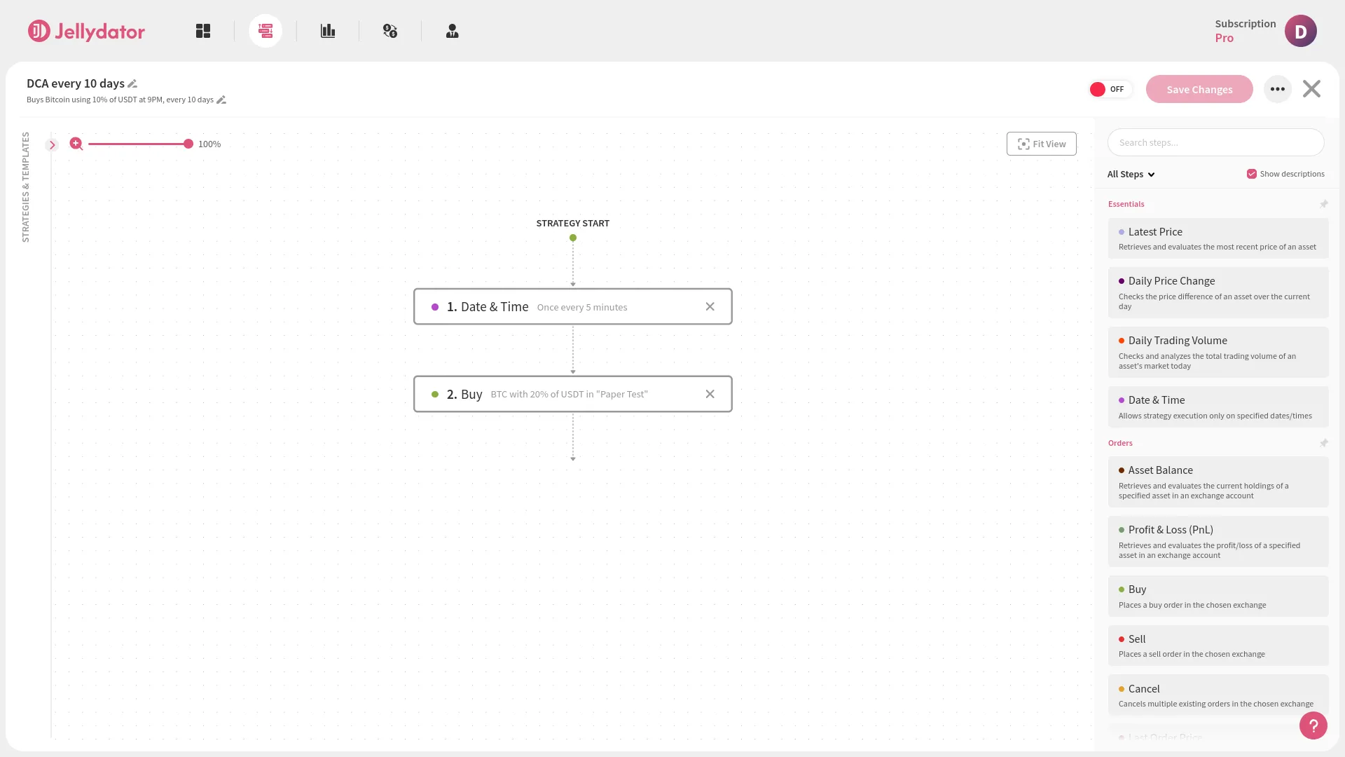 An image of the Jellydator editor showing a completed DCA strategy with a custom schedule.