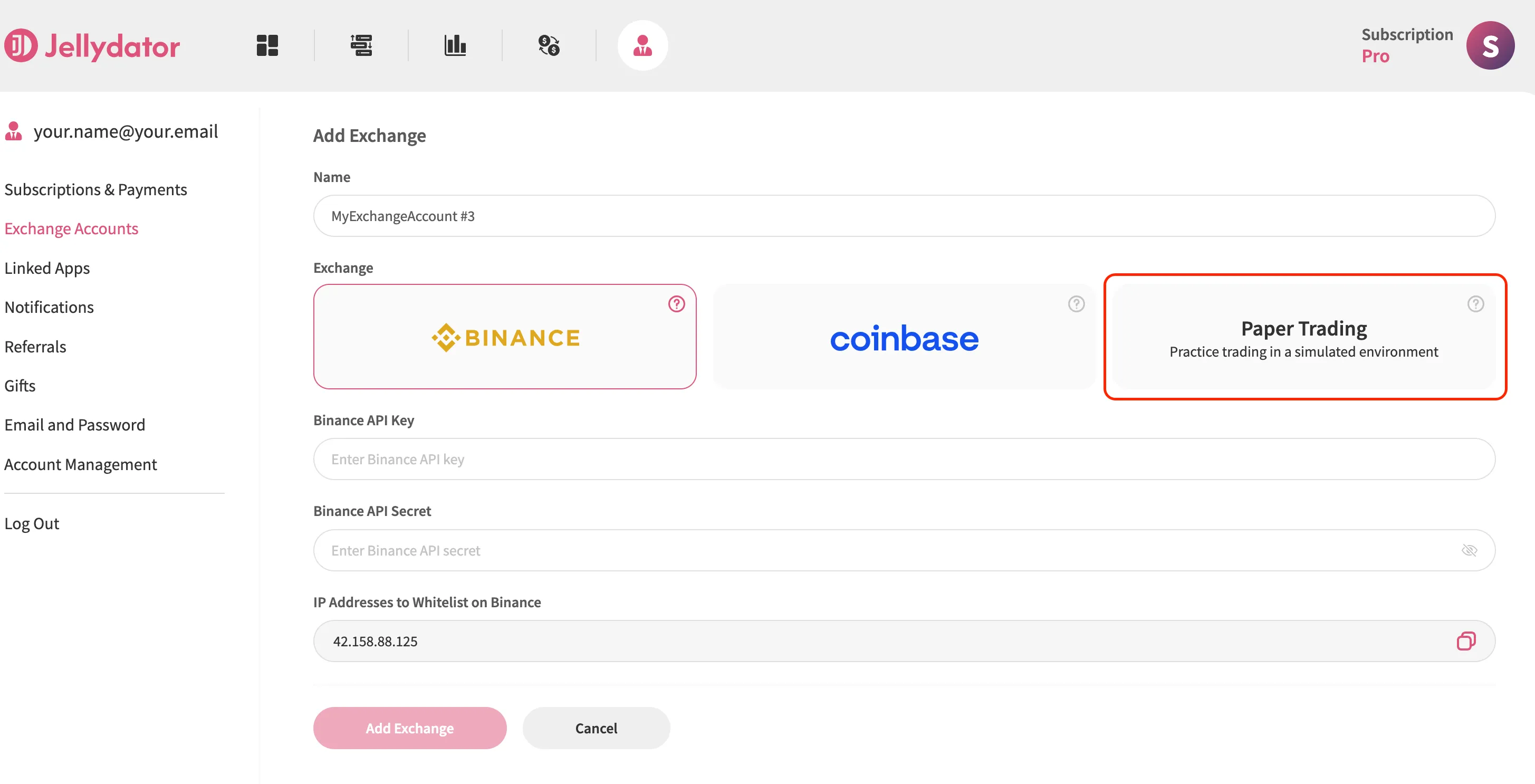 An image of the Jellydator exchange account page with a highlighted paper exchange button.
