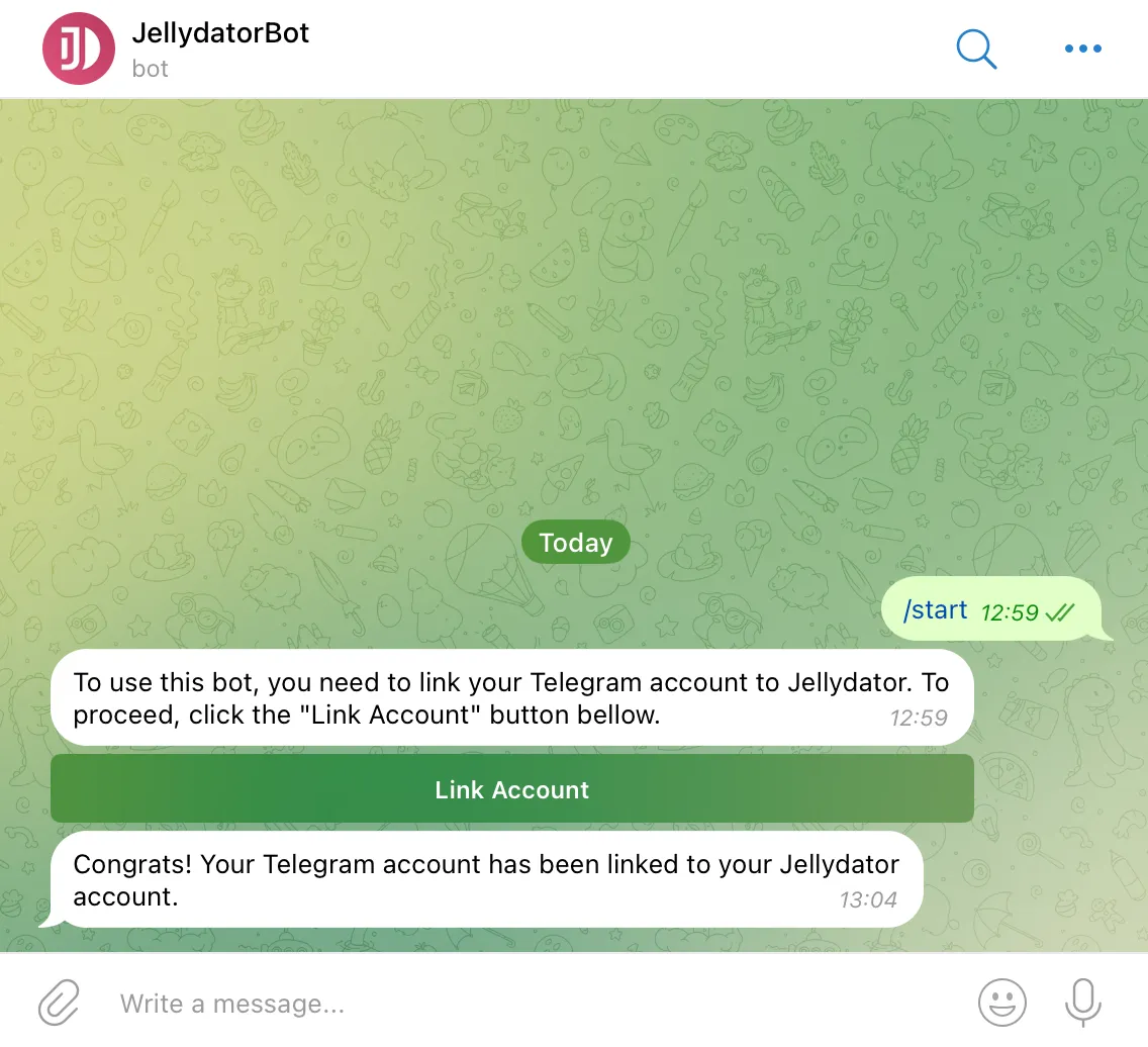 An image of the Telegram chat with the official Jellydator bot and a successful link confirmation message.