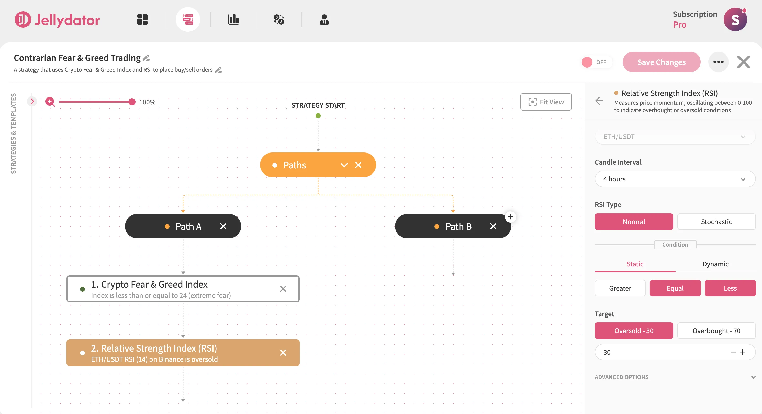 The Jellydator editor with the Condition section of an RSI step in Path A.