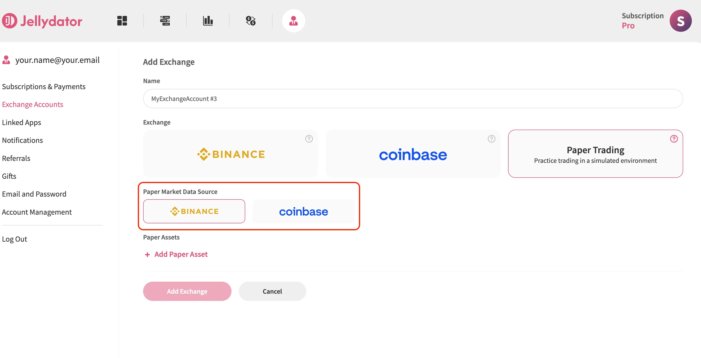 An image of the Jellydator exchange account page with a paper market data source input.