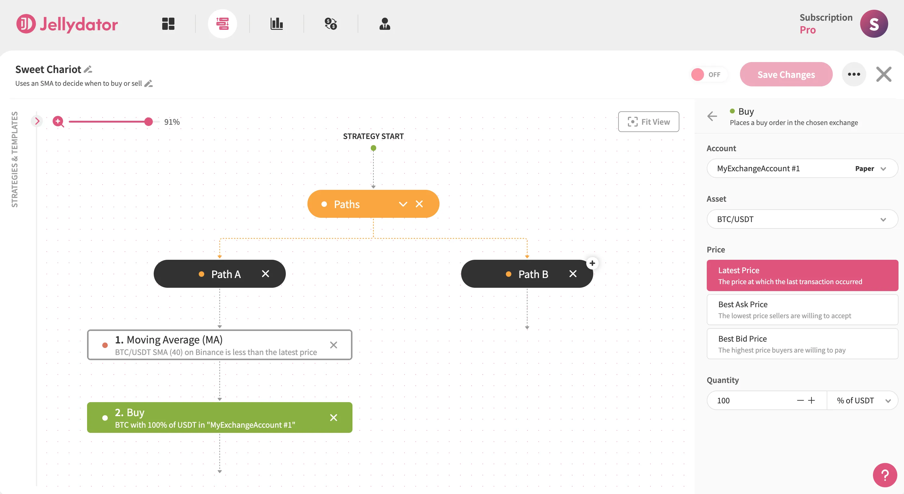 The Jellydator editor with a buy step in Path A.