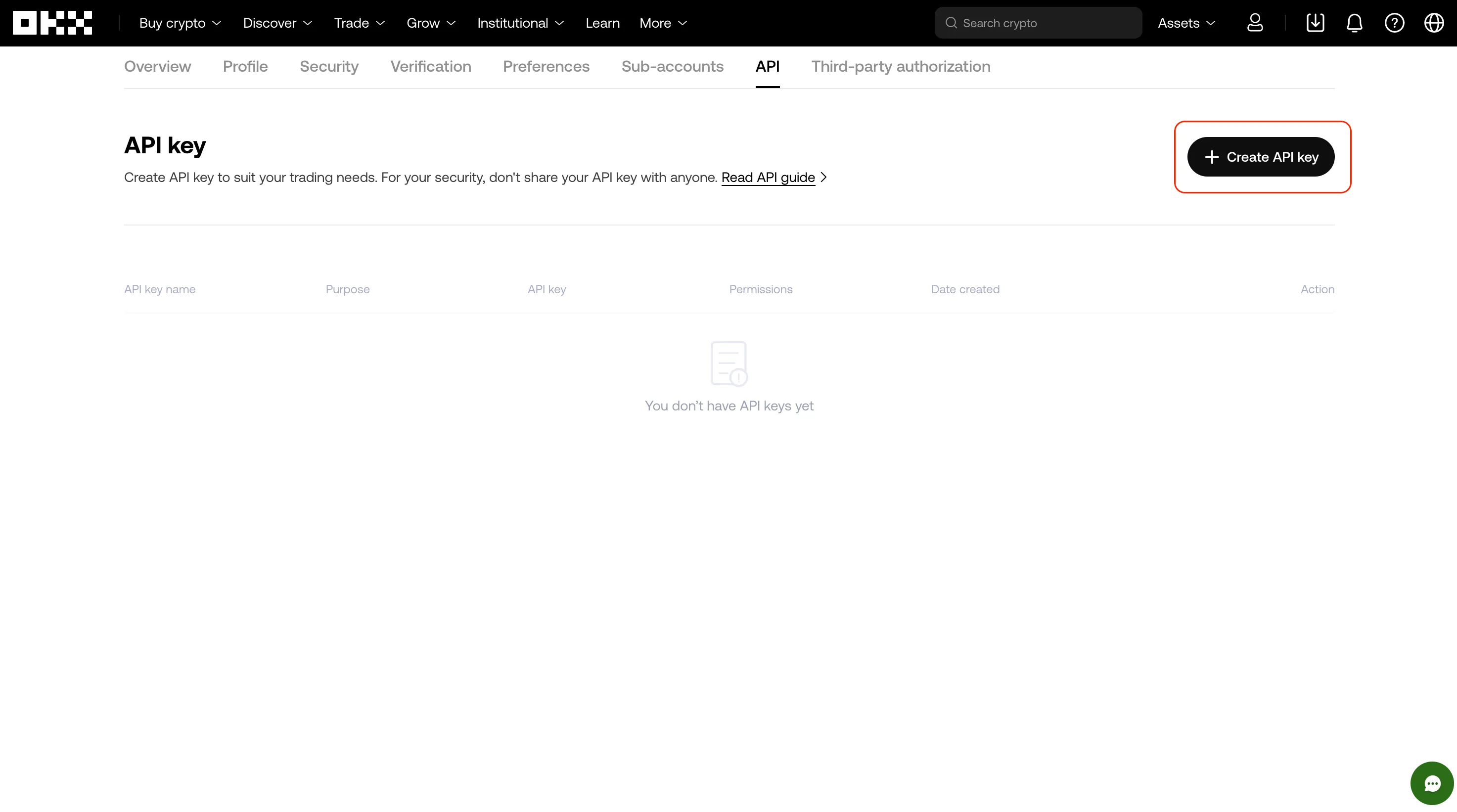 The OKX platform with the 'create API key' button highlighted.