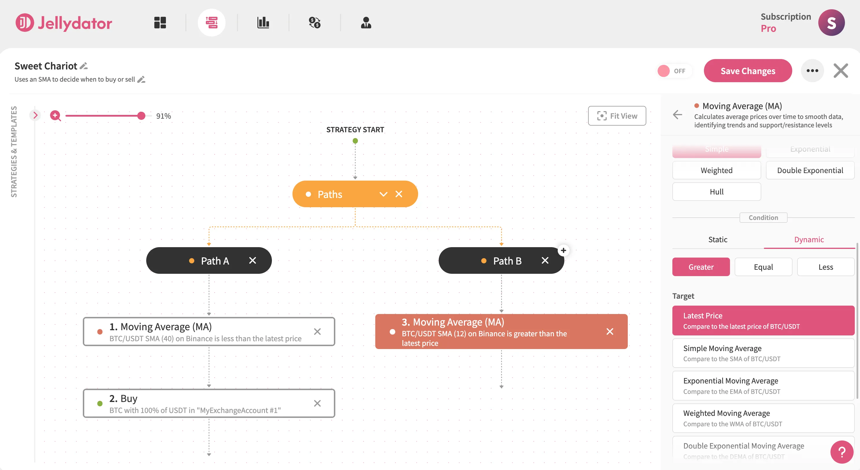The Jellydator editor with the condition section of an SMA step in Path B.