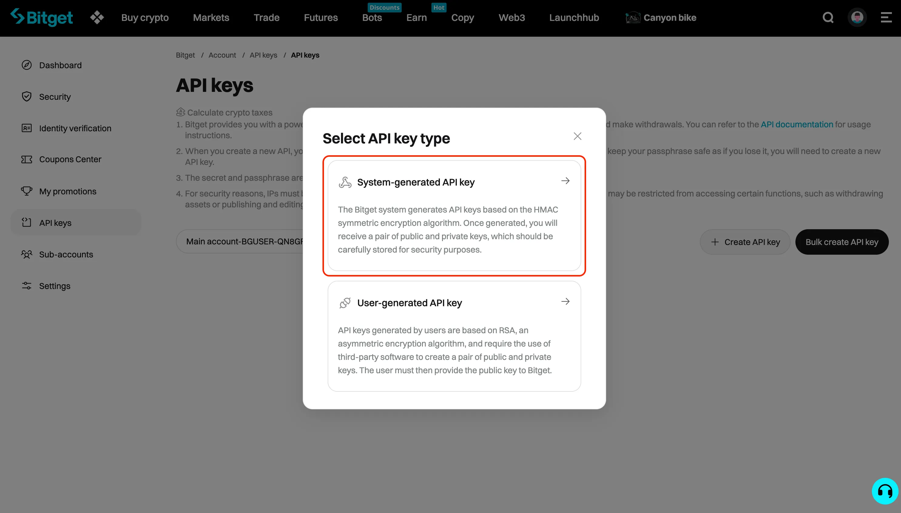 An image of the Bitget website with the 'system-generated API key' option highlighted.