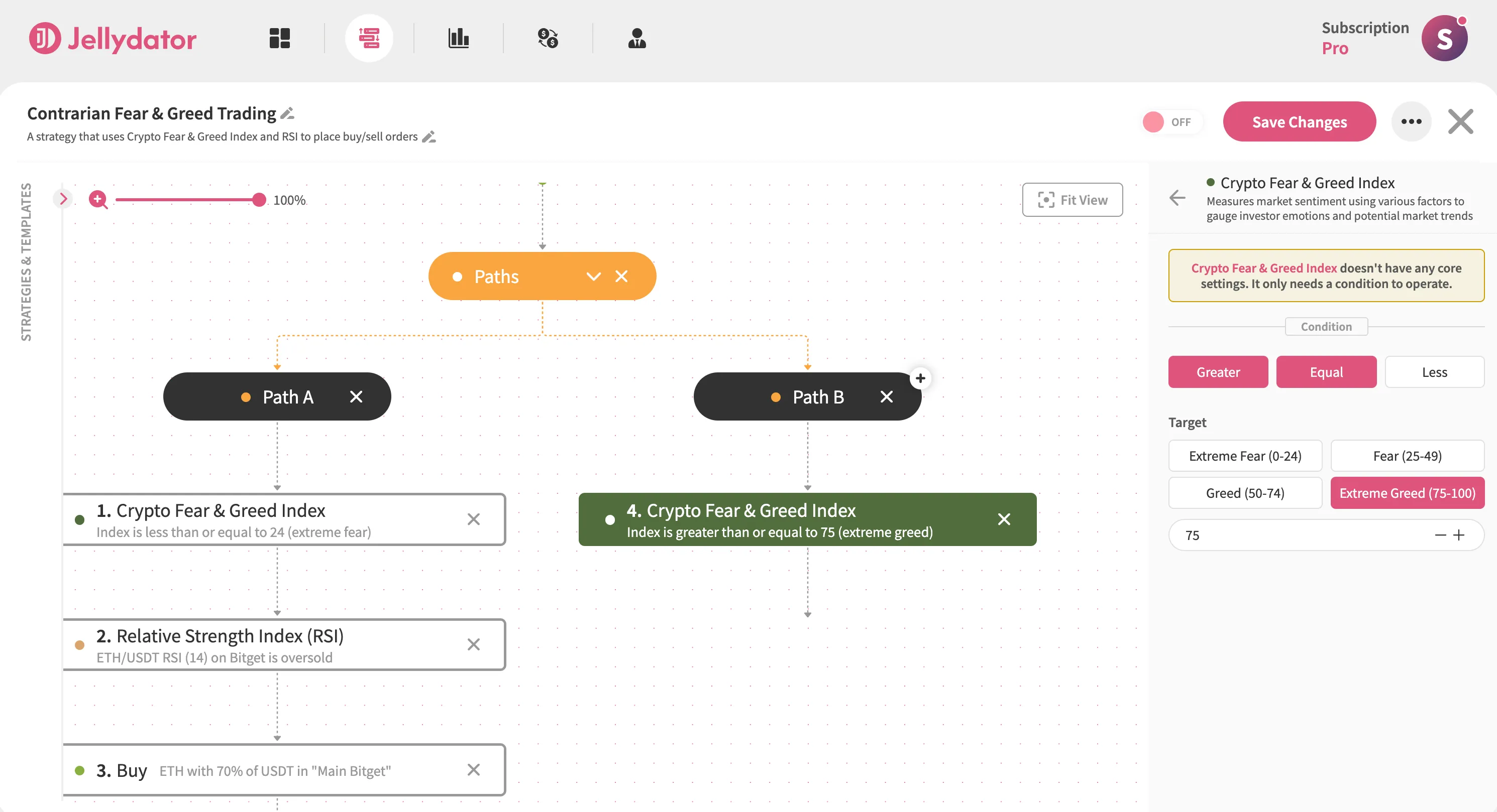 The Jellydator editor with a Crypto Fear & Greed step in Path B.