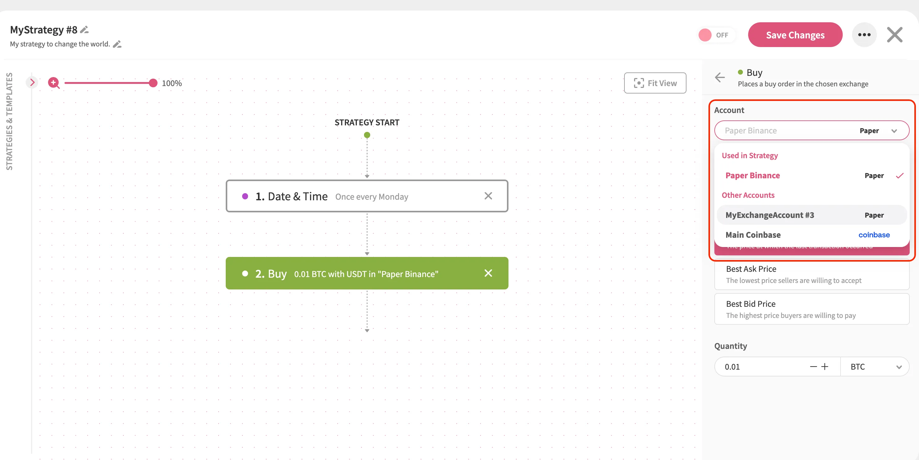 An image of the Jellydator editor with a highlighted exchange account selection box.