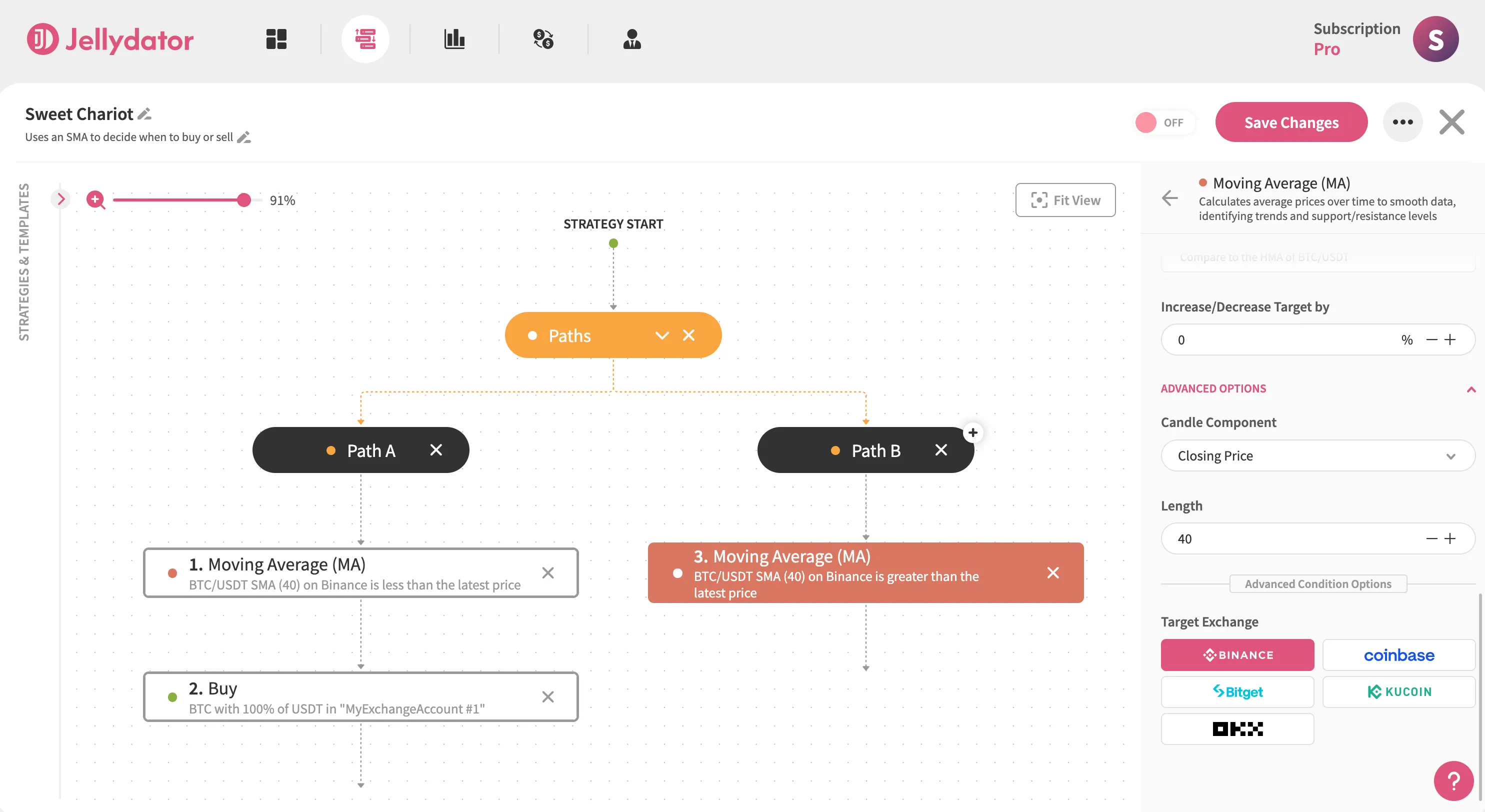 The Jellydator editor with the advanced option section of an SMA step in Path B.
