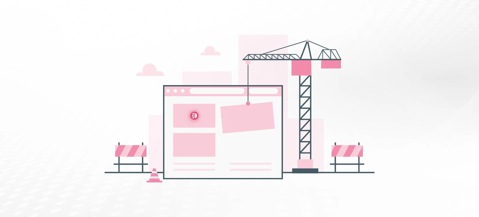 Illustration of a crane assembling an automated workflow, surrounded by traffic cones and barriers, in a pink and white minimalist style.