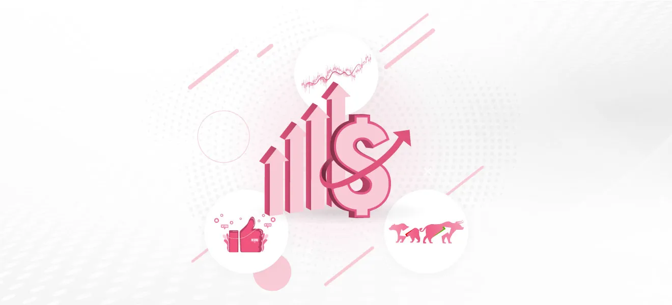 Stylized dollar sign with upward arrows surrounded by icons of a thumbs up, bears and bulls, and a stock chart.