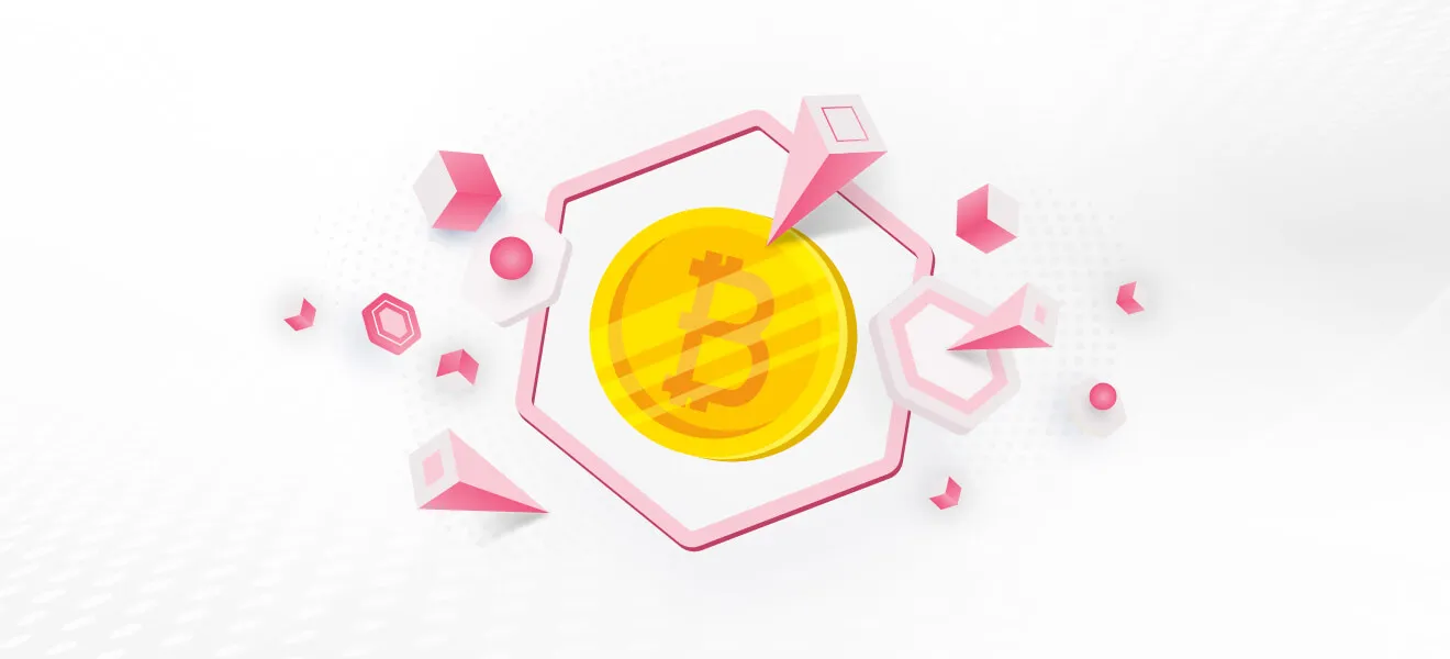 3D illustration of a gold coin with a Bitcoin symbol in the center, surrounded by pink geometric shapes and hexagons on a white background.