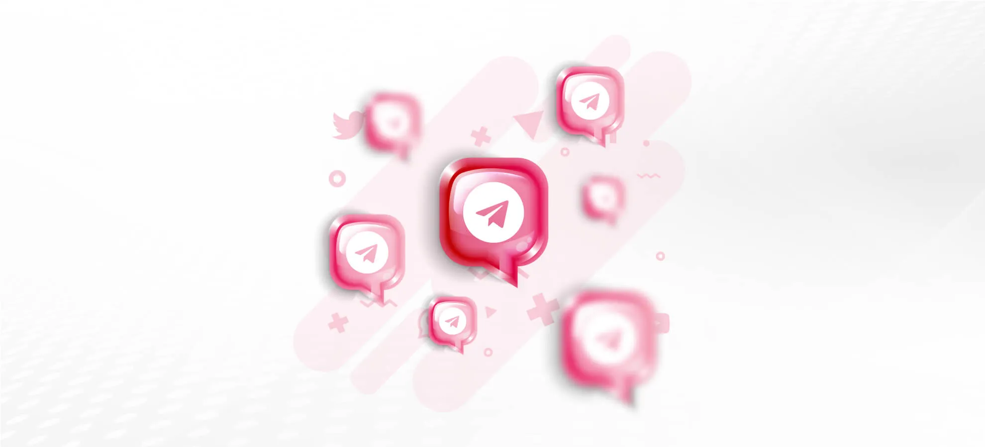 An image with pink 3D chat bubbles with the Telegram logo, scattered on a white background with abstract shapes.