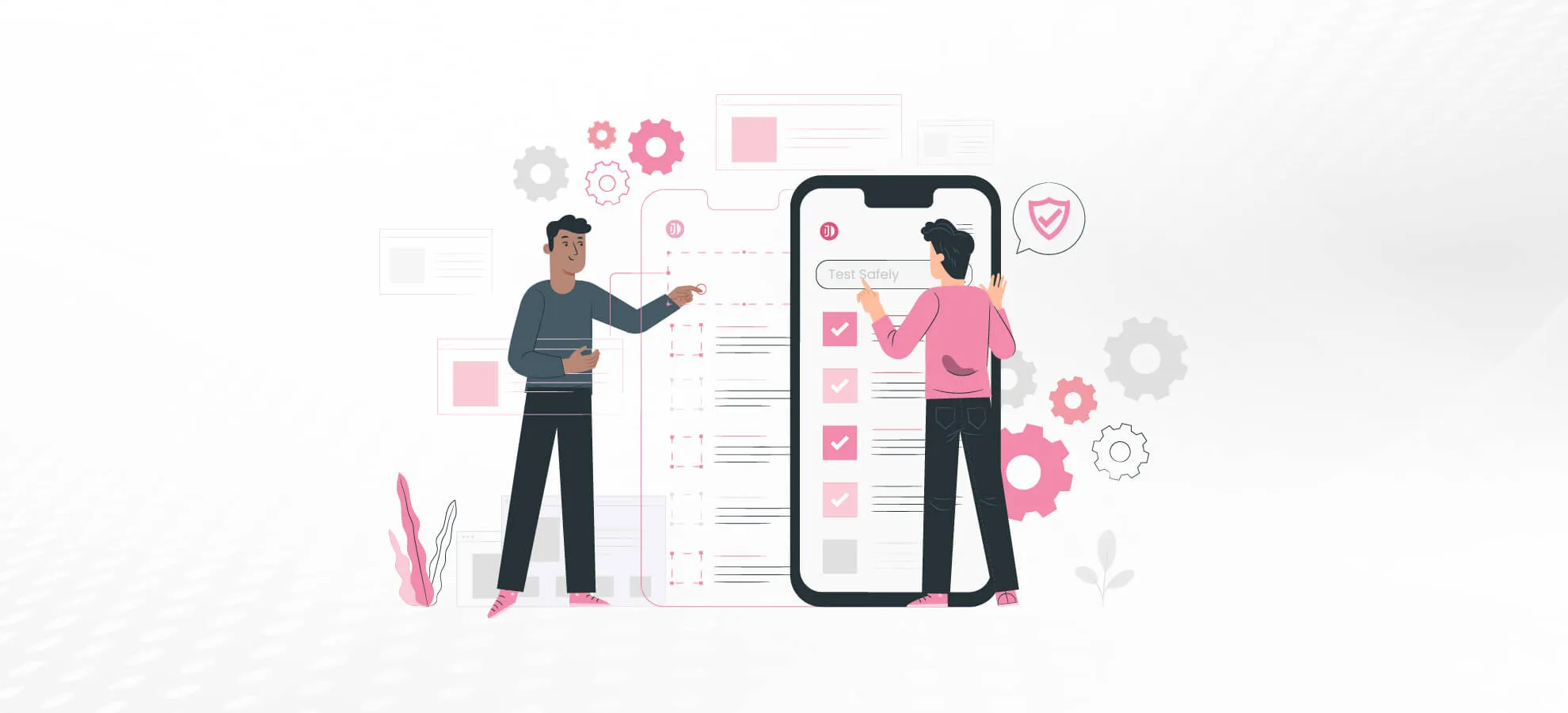 Illustration of two people interacting with a large smartphone screen displaying a checklist, surrounded by gears and interface elements, symbolizing testing or strategy development.