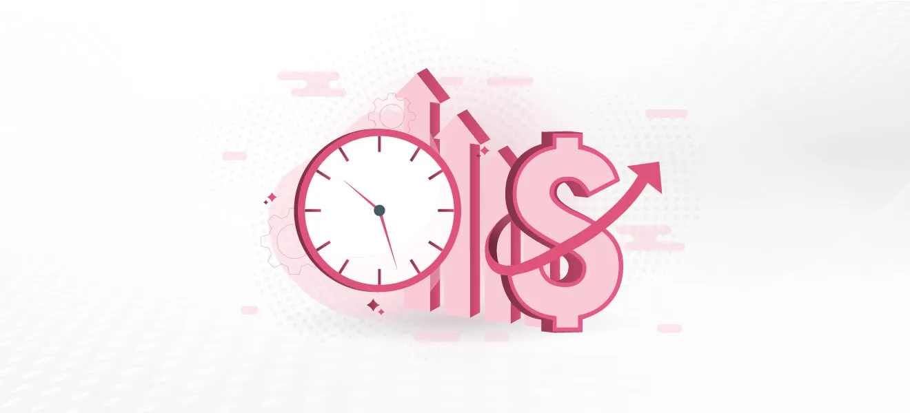 An illustration of a clock and a rising dollar sign with upward arrows, symbolizing time-based growth and financial gains, representing the concept of powering up crypto investments with custom schedules.