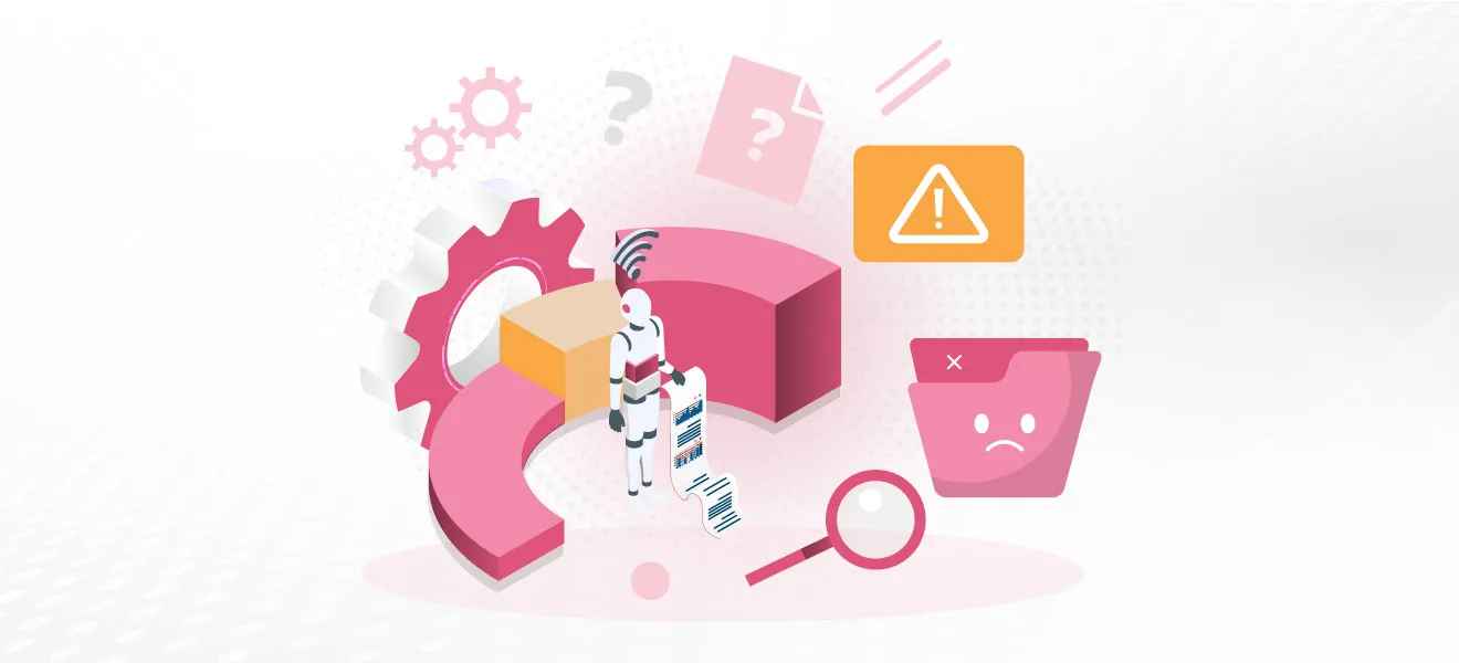 Illustration of a robot analyzing data with gears, pie charts, and error symbols, representing automated system problems.